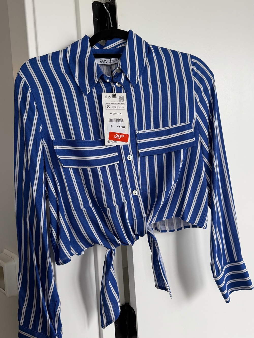 ZARA Blue and White Striped Tie-Front Button Down Shirt